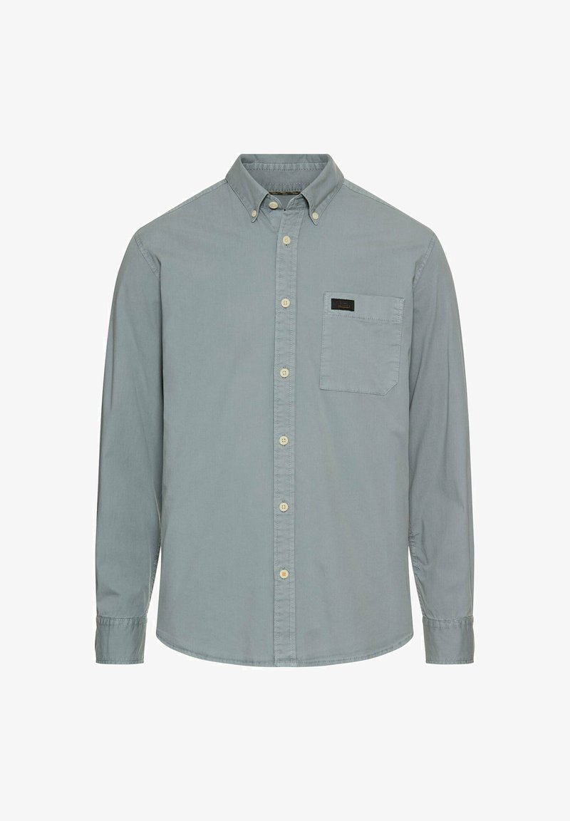 Heren lichtblauw button-up shirt met lange mouwen, een knoopsluiting kraag, een voorzak en roomkleurige knopen.