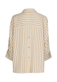 Striped shirt in light beige and white, featuring a collar, button closure at the back, and three-quarter-length sleeves. Smooth fabric.
