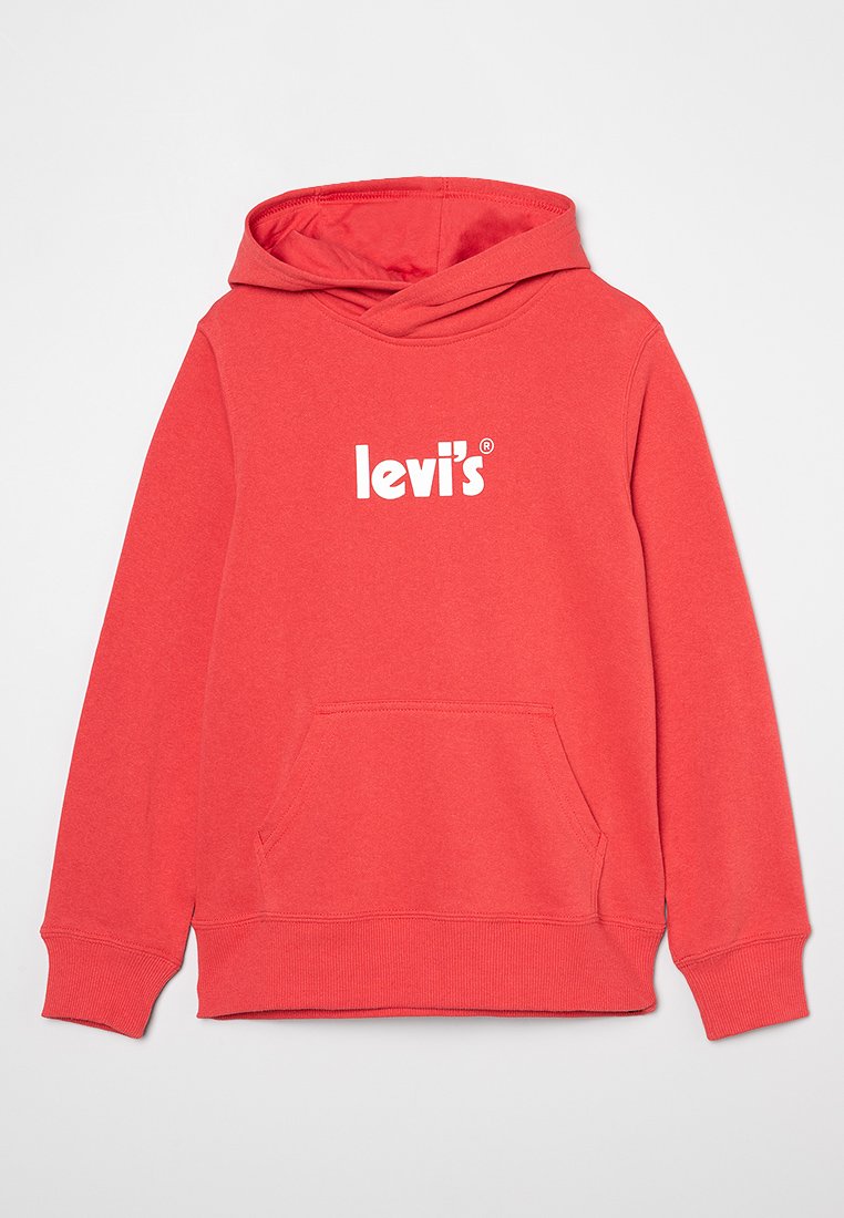 Sudadera roja de mezcla de algodón, con un bolsillo delantero y un logo "levi's" en blanco. Tiene capucha con cordones y puños de canalé.