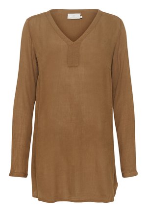 Tunic lung cu mâneci lungi de culoare marron, cu decolteu în V și textură subtilă. Prezintă un detaliu cu buzunar și un tiv drept, conceput pentru o potrivire relaxată.
