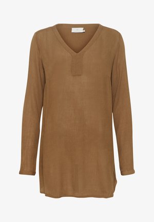 Bruine lange mouwen tuniek met een V-hals en subtiele textuur. Voorzien van een zakdetail en een rechte zoom, ontworpen voor een relaxte pasvorm.