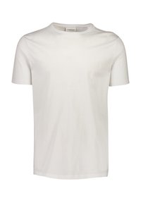 Valkoinen lyhythihainen t-paita, joka on valmistettu puuvillasta. Pyöreä kaula-aukko, jossa on sileä rakenne ilman näkyviä kuvioita tai koristeita.