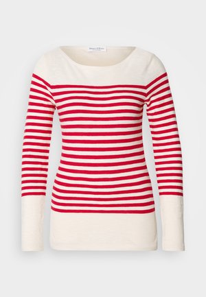 Camiseta de manga larga a rayas rojas y blancas con escote amplio y diseño ajustado, hecha de una tela suave y ligera.