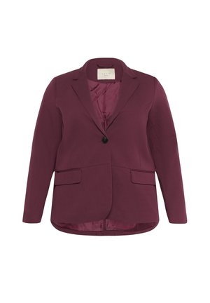 Sacou burgundy, ajustat, cu închidere cu un singur buton, rever cu tăietură, două buzunare frontale și o căptușeală netedă.