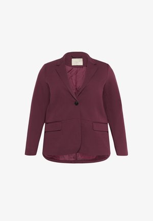 Blazer ajusté bordeaux avec fermeture à bouton unique, revers crantés, deux poches avant et une doublure intérieure lisse.