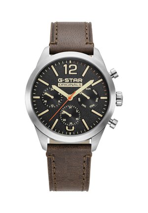 Orologio rotondo in argento con quadrante nero, lancette beige, tre piccoli subquadranti e cinturino in pelle marrone, marchiato G-Star Originals.