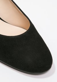 Chaussure plate en daim noir avec bout rond et doublure intérieure beige sur fond blanc.