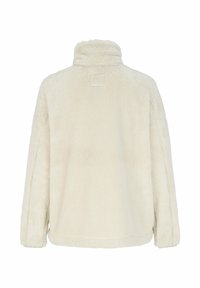 Cremfarbener, weicher Fleece-Jacke mit hohem Kragen, langen Ärmeln und geradem Schnitt. Strukturiert, flauschige Oberfläche ohne sichtbare Verschlüsse.