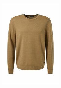 Brauner, leichter Pullover mit langen Ärmeln und rundem Halsausschnitt, gerippten Bündchen und Saum. Glatte Textur mit dezenten Nähdetails.
