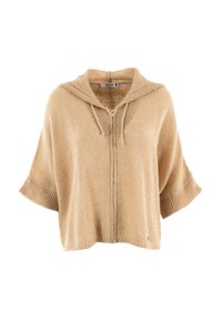 Pull léger à capuche beige, en tissu tricoté texturé, avec une fermeture éclair sur le devant et des manches courtes larges.