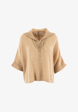 Beige lichtgewicht capuchon pullover van gestructureerde breisel, met een voorrits en korte wijde mouwen.