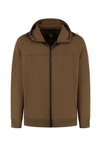 Bruine full-zip jack met capuchon, twee ritssluitingen aan de zijkanten, ribgebreide mouwen en een ribgebreide zoom, plat neergelegd op een witte achtergrond.