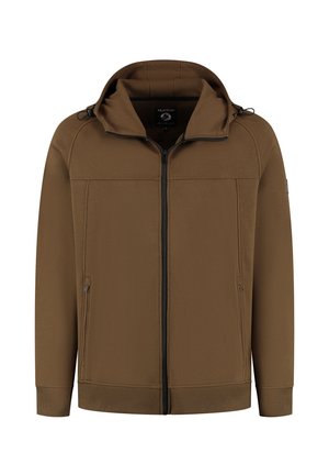 Veste marron à zip complet avec capuche, deux poches latérales zippées, poignets et ourlet côtelés, présentée à plat sur fond blanc.
