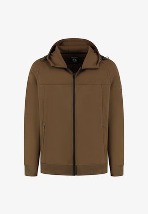 Braune Full-Zip-Jacke mit Kapuze, zwei seitlichen Reißverschlusstaschen, gerippten Bündchen und Saum, auf weißem Hintergrund flach ausgelegt.