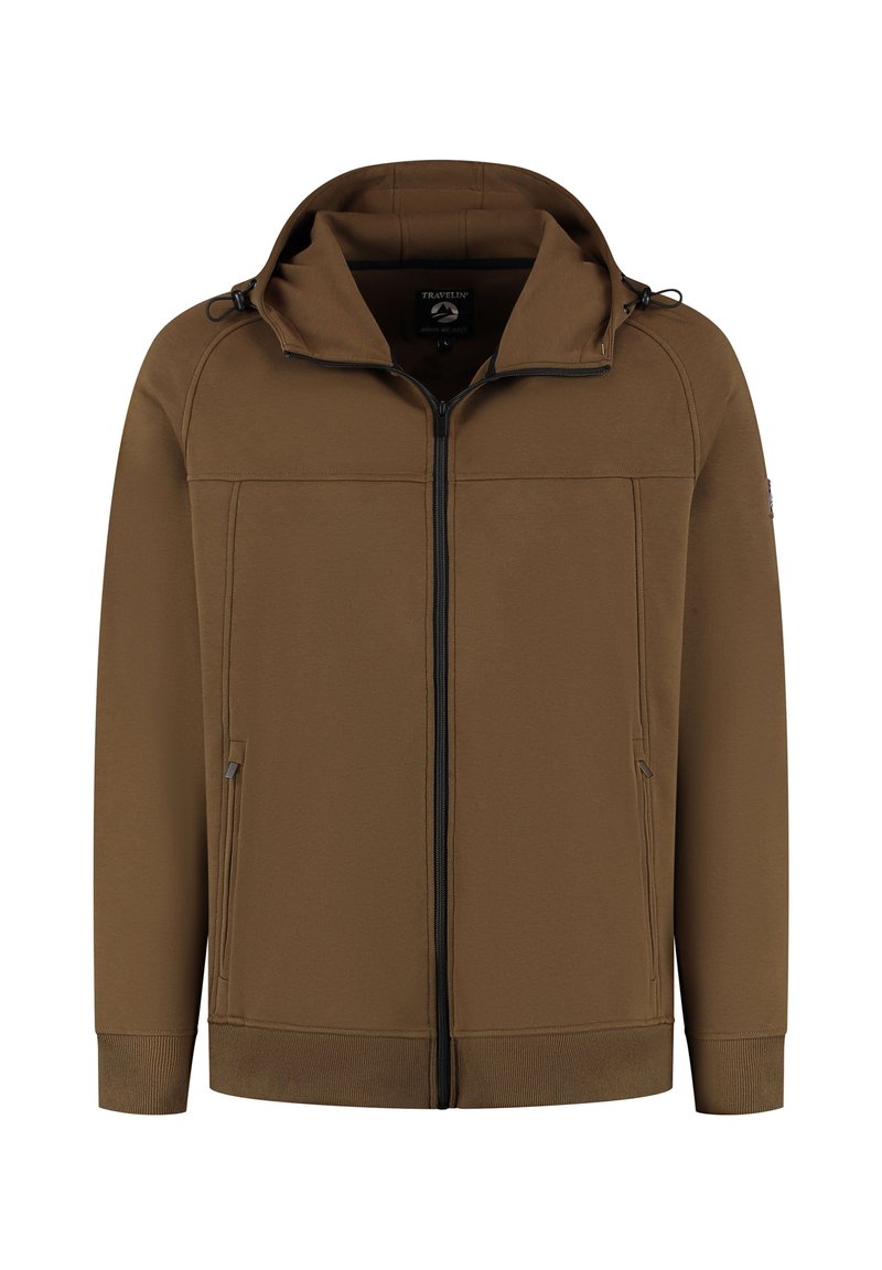 Bruine full-zip jack met capuchon, twee ritssluitingen aan de zijkanten, ribgebreide mouwen en een ribgebreide zoom, plat neergelegd op een witte achtergrond.