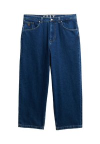 Vaqueros de mezclilla azul con un corte relajado, que cuentan con cinco bolsillos, lazos para el cinturón y una cremallera con un bot ón de metal. Textura suave y tejido resistente.