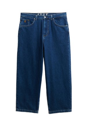 Blauwe denim jeans met een ontspannen pasvorm, voorzien van vijf zakken, riemlussen en een ritssluiting met een metalen knoop. Gemakkelijk aanvoelende textuur en stevig materiaal.
