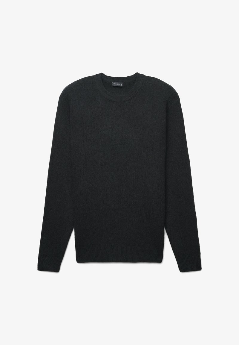 Maglione nero a maglia con maniche lunghe, colletto tondo e orlo a coste. La texture sembra morbida e leggermente pelosa, presentando un design minimalista.