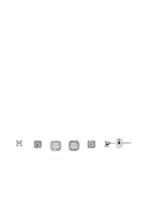 Six silver stud earrings in varying square and round shapes, each with clear gemstones, arranged in a horizontal line on a white background.