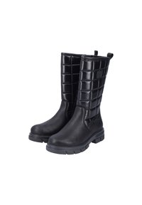 Svarta knähöga stövlar i slätt och vadderat syntetmaterial, med en strukturerad yta och robusta gummisulor med en blygsam klack.