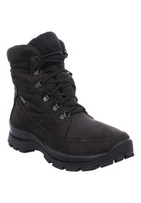Stivale alla caviglia in suede nero con collare imbottito, design con lacci, suola in gomma e parte superiore testurizzata con dettagli di cucitura e accenti in metallo.