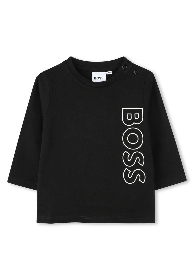 Maglietta a maniche lunghe nera in cotone, con il logo bianco "BOSS" sul lato. Include bottoni a pressione sulla spalla per un facile indossamento.