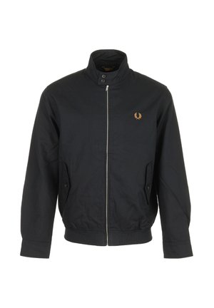 Zwarte jas met ritssluiting, hoge kraag, twee zakken met knopen en een klein geborduurd gouden lauwerkranslogo op de borst.