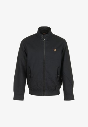 Veste noire à fermeture éclair avec col montant, deux poches à boutons et petit logo brodé d'une couronne de laurier dorée sur la poitrine.