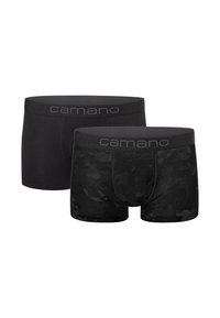 Due paia di boxer da uomo di Camano. Uno nero uniforme, l'altro con un motivo di camouflage nero. Morbida cintura elasticizzata per il comfort.