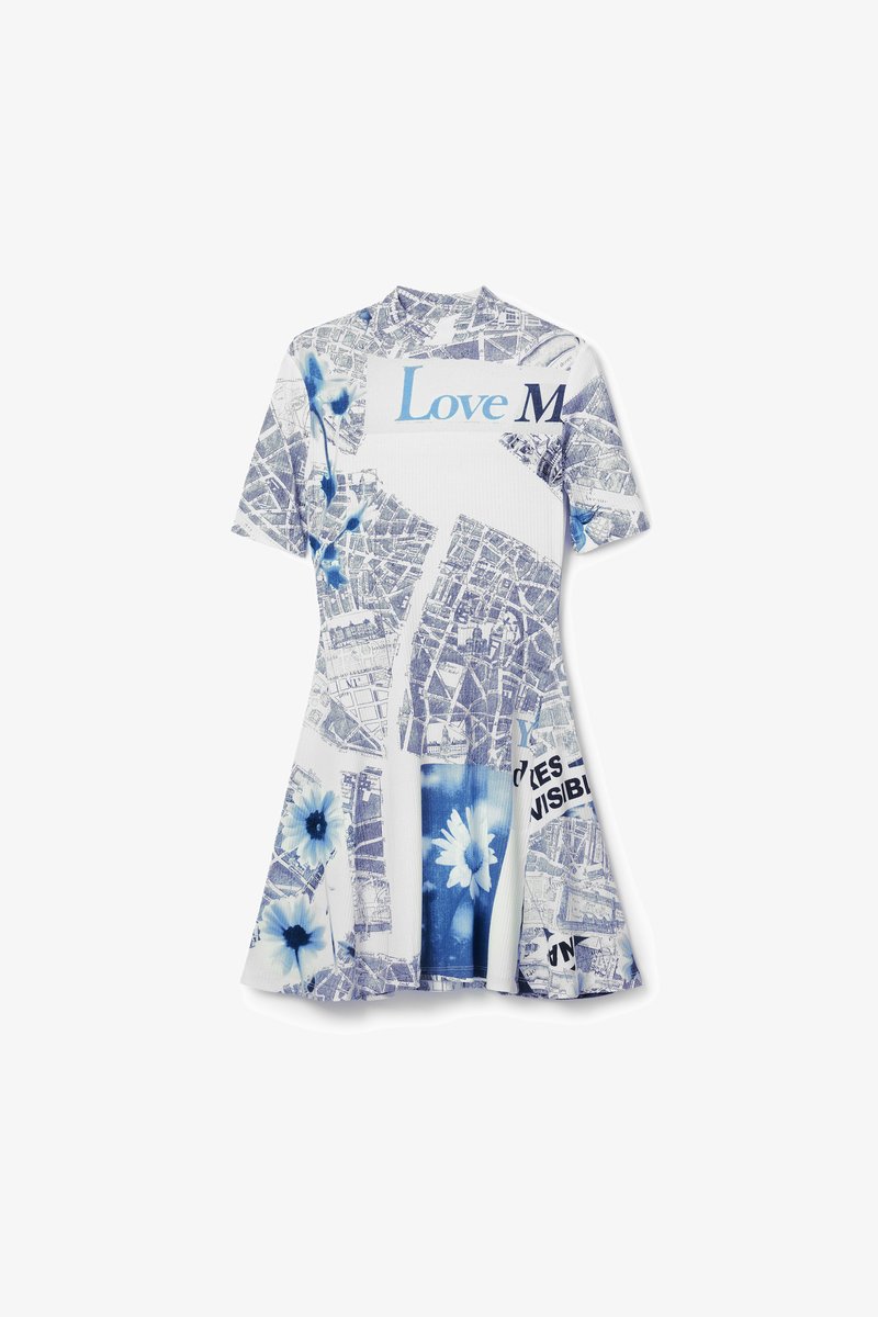 Short-sleeve dress featuring a white base with blue floral and map prints, round neckline, flared bottom, and "Love M" text detail.