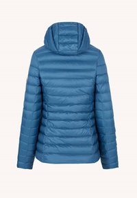 Blauwe pufferjack met horizontale stiksels, capuchon en een gladde textuur. Beschikt over een slim fit en elastische manchetten.