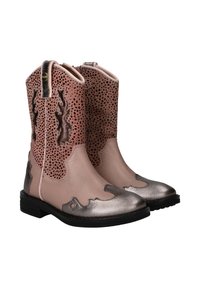 Pink and metallic leather cowboy boots with perforated design, contrasting toe cap, and decorative stitching. Features pull tabs for easy wear.