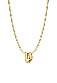 Zelta kaklarota ar apaļu burta "D" piekariņu, kas piestiprināts pie mazas saitītes ķēdes ar pulētu virsmu un gludu tekstūru.
