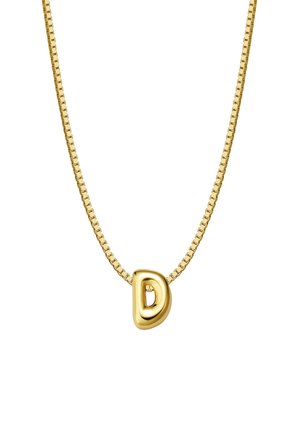 Guldsmykke med en rundet bogstav "D" vedhæng, monteret på en lille kædelink med en poleret finish og glat tekstur.