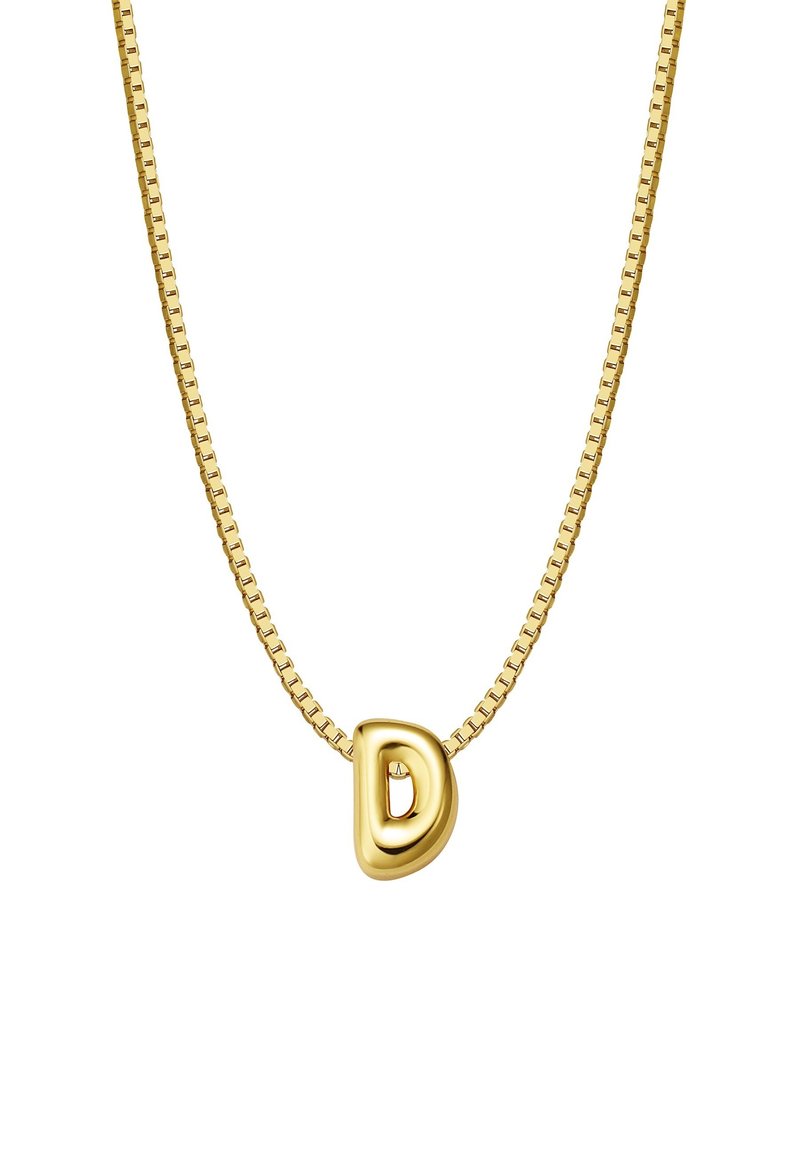 Zelta kaklarota ar apaļu burta "D" piekariņu, kas piestiprināts pie mazas saitītes ķēdes ar pulētu virsmu un gludu tekstūru.