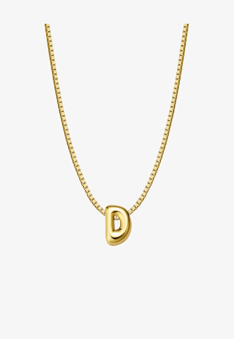 Zelta kaklarota ar apaļu burta "D" piekariņu, kas piestiprināts pie mazas saitītes ķēdes ar pulētu virsmu un gludu tekstūru.