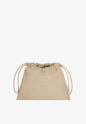 Pochette beige à cordon avec motif texture crocodile et fines cordelettes des deux côtés pour la fermeture.