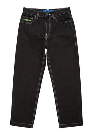 Schwarze Denim Baggy-Jeans mit weißen Nähten, fünf Taschen, einem vorderen Knopfverschluss und einem grünen Etikett auf der linken Seite.