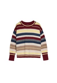 Maglione lavorato a maglia con scollatura rotonda, caratterizzato da righe orizzontali in rosso, giallo, blu, beige e marrone. Polsini e orlo a costine.