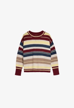 Gebreide trui met een ronde halslijn, gekenmerkt door horizontale strepen in rood, geel, blauw, beige en bruin. Ribgebreide mouwen en onderrand.