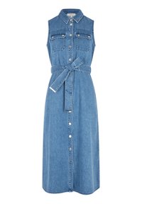 Denim shirtjurk met een kraag, mouwloos ontwerp, front knoopsluiting, twee borstzakken en een tailleband, in middelblauw.
