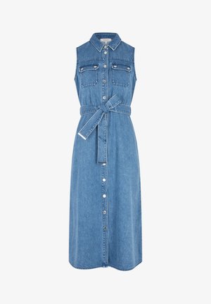 Denim shirtjurk met een kraag, mouwloos ontwerp, front knoopsluiting, twee borstzakken en een tailleband, in middelblauw.
