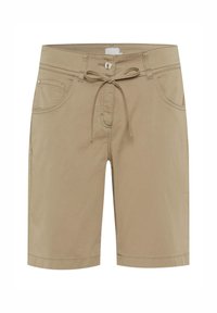 Shorts beiges en tissu léger, dotés d'une taille à cordon de serrage, de poches avant et de détails cousus le long de l'ourlet.
