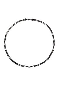 Collana a catena nera con anelli circolari e chiusura a gancetto, dal design minimalista e con un piccolo accento di marca.