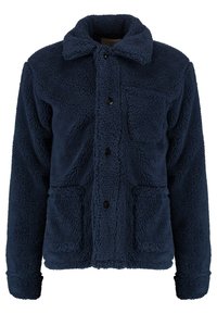 Granatowa polarowa kurtka z teksturowanej powierzchni, z zapięciem na guziki, dwiema przednimi kieszeniami oraz kołnierzem. Casualowy design z długimi rękawami.