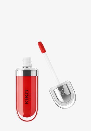 Gloss à lèvres rouge brillant de KIKO Milano avec un capuchon argenté et un applicateur, montrant un embout éponge rouge sur fond blanc.