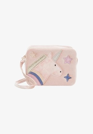 Borsa a tracolla rettangolare rosa con un unicorno e stelle scintillanti in colori pastello, con un corno luccicante e una criniera arcobaleno.