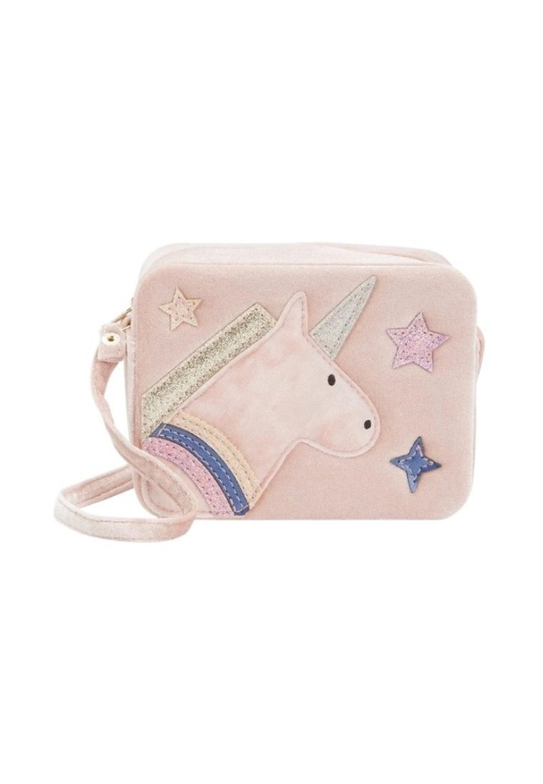 Borsa a tracolla rettangolare rosa con un unicorno e stelle scintillanti in colori pastello, con un corno luccicante e una criniera arcobaleno.