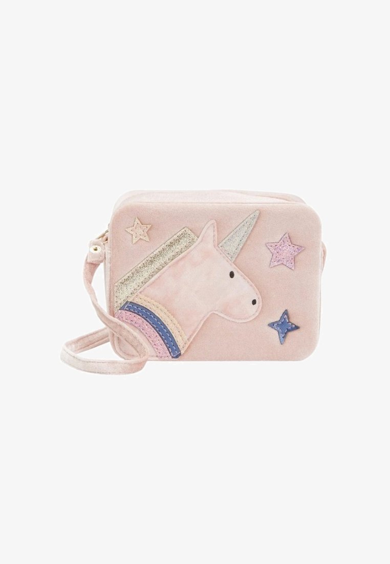 Borsa a tracolla rettangolare rosa con un unicorno e stelle scintillanti in colori pastello, con un corno luccicante e una criniera arcobaleno.