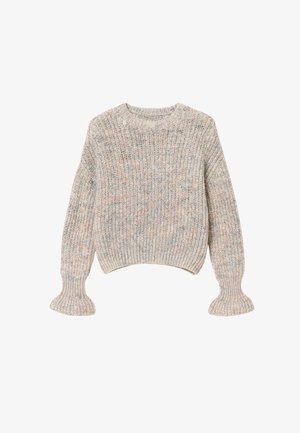 Maglione lavorato a maglia grigio e crema con texture a coste, polsini ampi e vestibilità comoda. Design leggermente corto con piccole macchie multicolori.